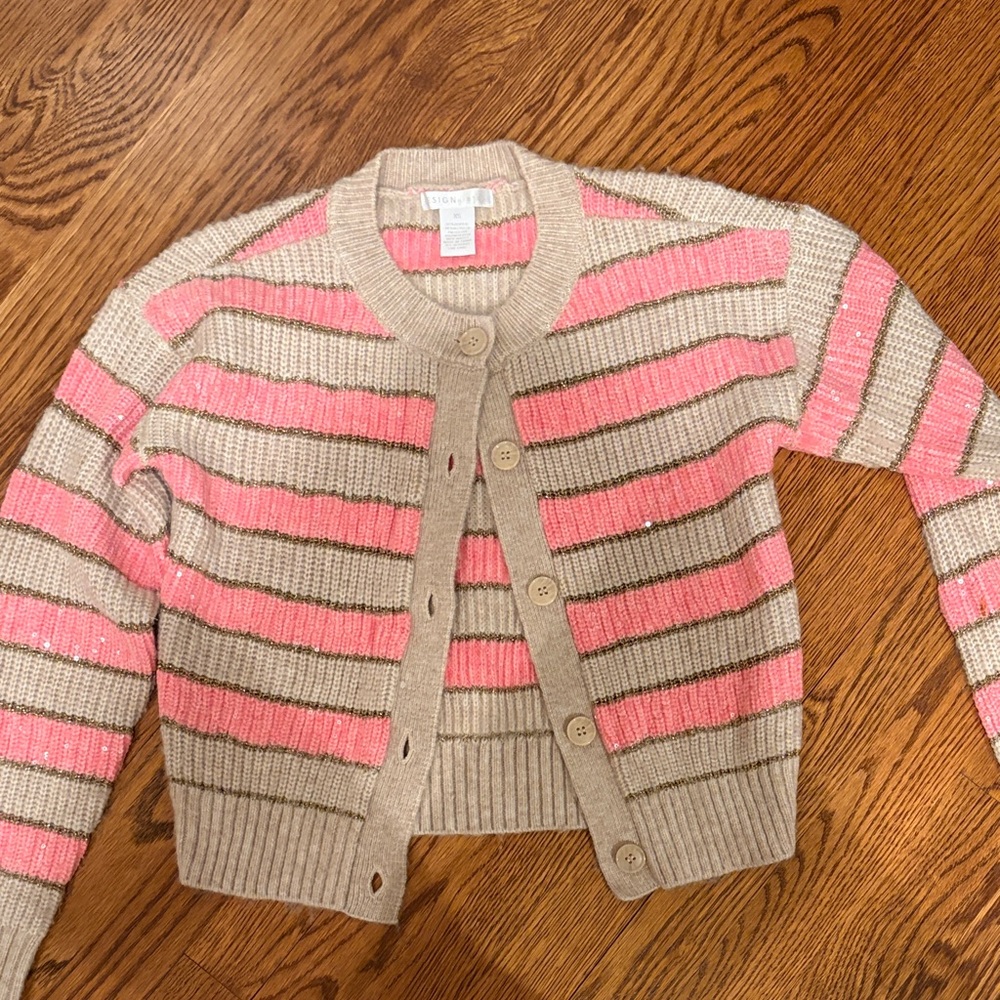 Striped Sequin Pink and Tan Women's Sweater